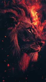 Flaming lion profile rendered with high contrast chiaroscuro lighting