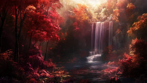 Luminous Waterfall in Crimson Forest with Ethereal Autumn Glow