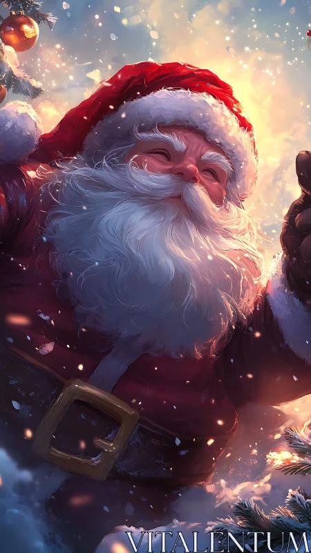 Festive Santa portrait in glowing winter snowfall at dusk.