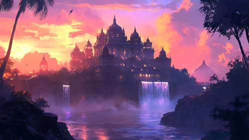 Sunset palace above waterfalls in vivid fantasy landscape.