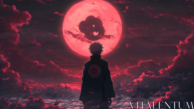 Lone anime figure under huge red moon in stormy sky.