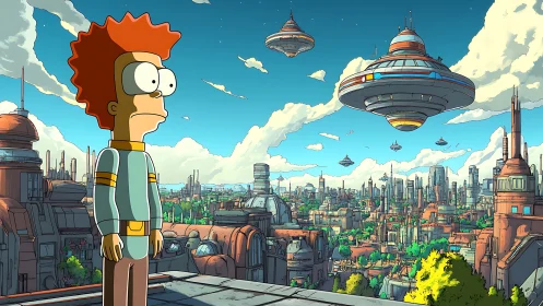 Cartoon red-haired man overlooking bright futuristic cityscape.