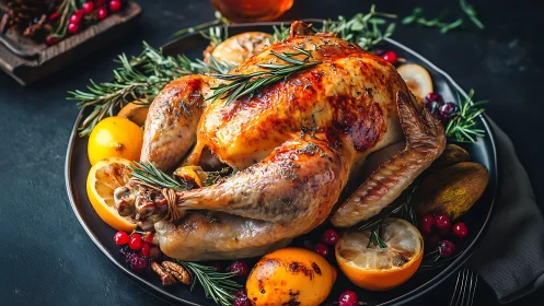 Roasted duck with seasonal garnish and fresh herbs.