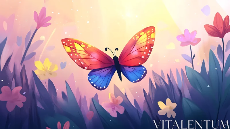 Digital painting of luminous butterfly over pastel meadow.