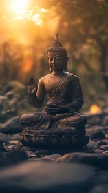 Golden dusk serenity around a tranquil Buddha statue.