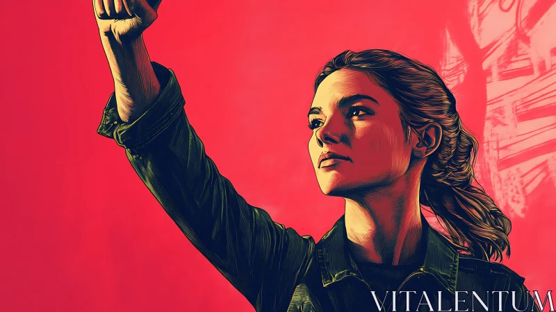 Confident Woman Raising Fist in Bold Pop Art Illustration.