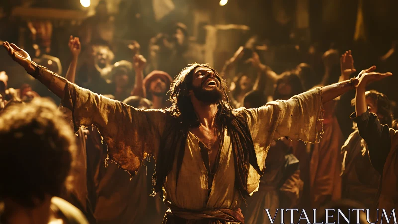 Joyful robed figure celebrating amid a glowing gathered crowd.