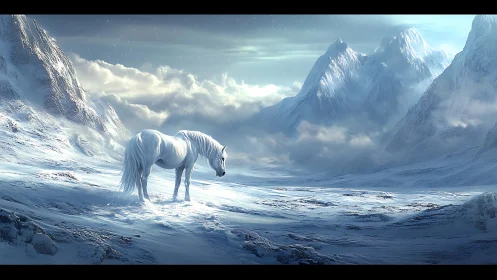 White horse wandering softly through a silent winter valley.