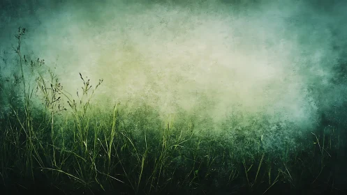 Textured meadow grasses against atmospheric mist gradient field.