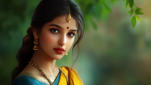 Elegant young woman in traditional Indian attire, digital art portrait.