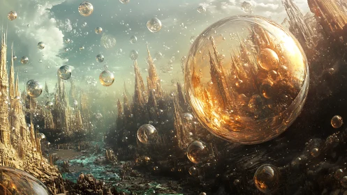 Spherical refractions reveal a golden crystalline sci‑fi cityscape
