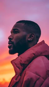 Profile portrait against vivid pink and orange sunset sky.
