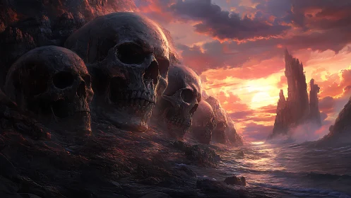 Monumental coastal skulls dissolve into molten sunset tide
