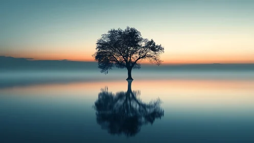 Solitary lakeside tree mirrored in tranquil dawn waters.