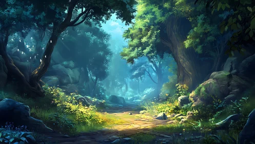 Forest clearing with directional light through canopy.