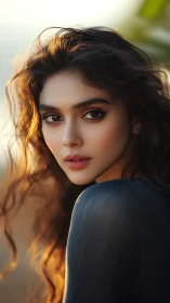 Sunlit brunette portrait with cinematic warm backlight.