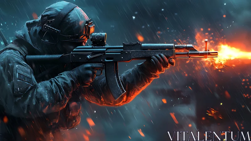 Tactical soldier firing assault rifle in stormy night combat.
