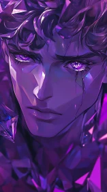 Crystal-eyed man in violet light with fractured glow.