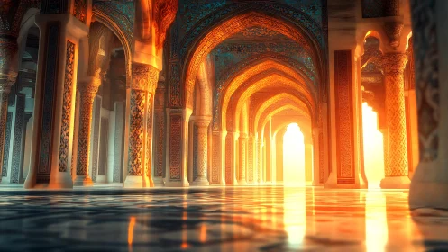 Sunlit ornate arches frame patterned corridor interior