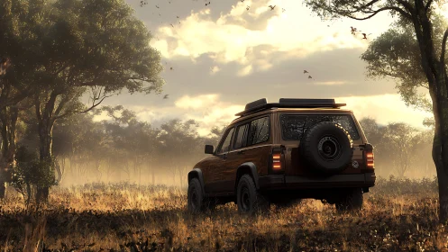 Off-road SUV in golden-hour savanna with atmospheric haze
