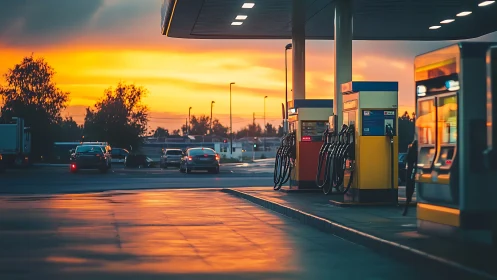 Twilight fuel stop glowing with sunset color and quiet roads.