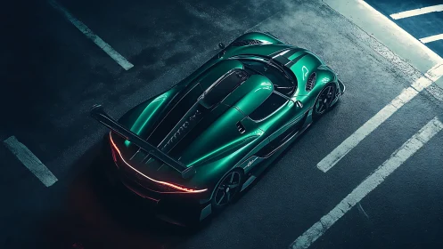Sleek emerald supercar waits under calm midnight lights