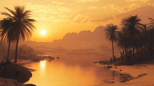 Golden desert oasis glows softly under a warm sunset sky