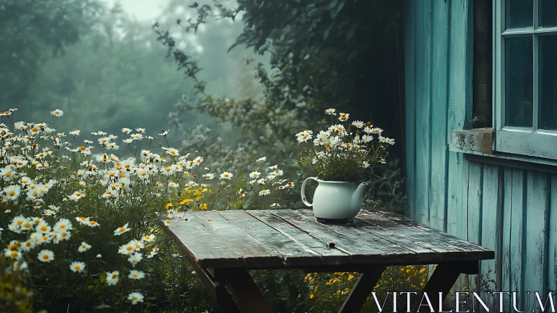 Weathered garden table anchors misty cottage daisy still life
