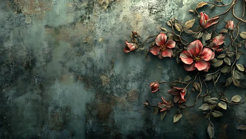 Coral Blossoms on Weathered Teal Metal Surface