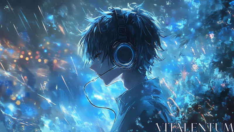 Blue cyberpunk gamer with headset in neon rainstorm.