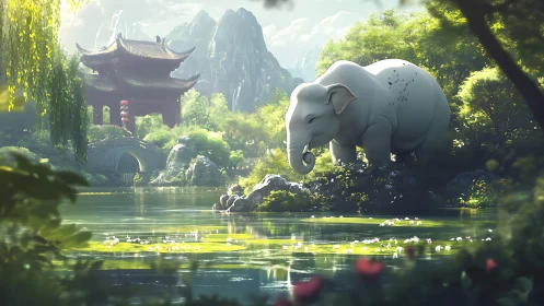 White elephant by tranquil lake near red temple pavilion.