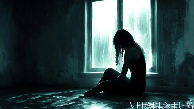 Silhouetted woman sits alone by dim turquoise window