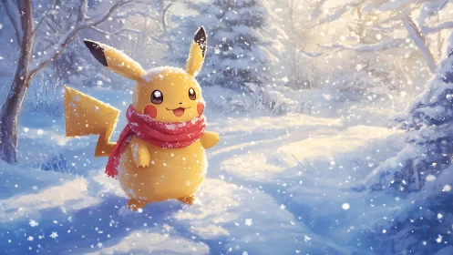 Pikachu with red scarf walking through peaceful snowy forest.