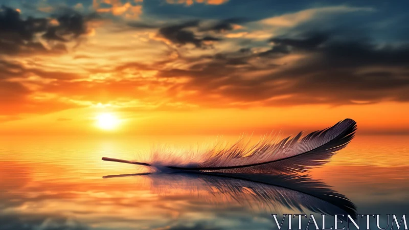 Sunset feather afloat on molten-glass sea of quiet fire.