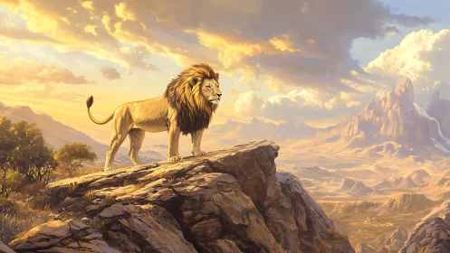 Male lion stands on rocky outcrop overlooking dry valley
