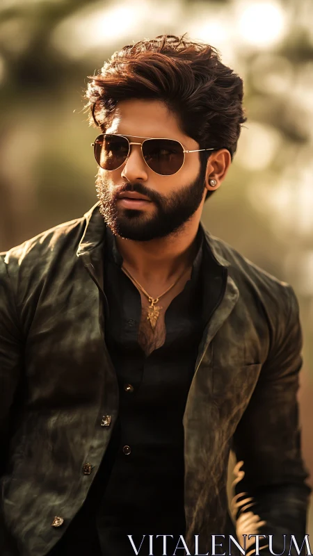 Man in sunglasses and jacket stands outdoors in soft light