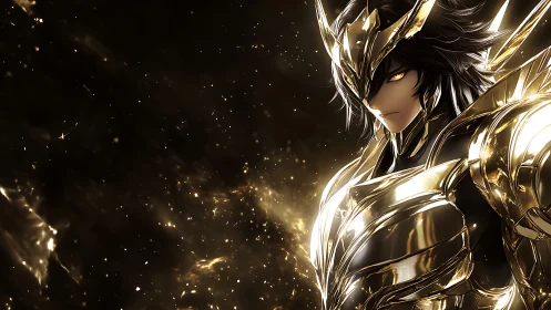 Armored figure in reflective golden suit on dark backdrop.