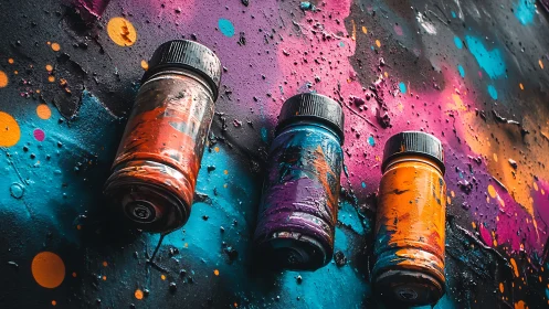 Spray paint bottles against neon splatter street wall.