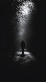 Lone figure standing on dark forest road at night.
