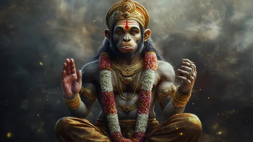 Regal monkey deity invites calm reflection in golden splendor