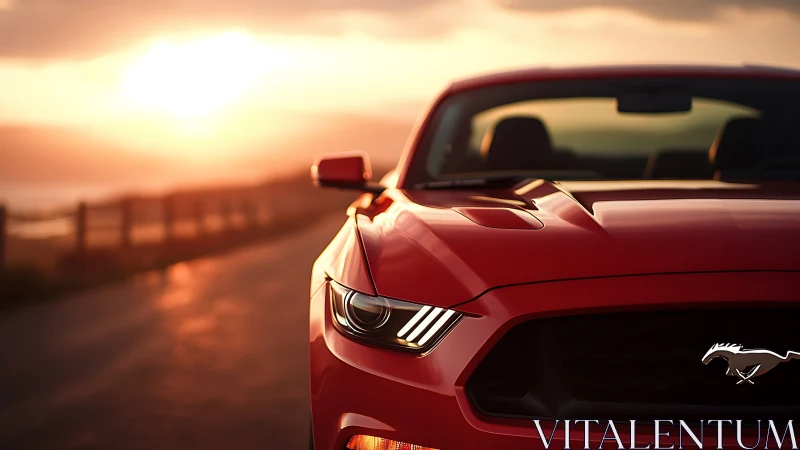 Red sports coupe front-end closeup in warm coastal sunset light