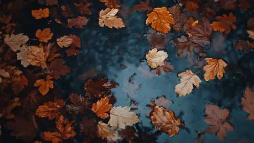 Autumn leaves drifting over reflective blue water surface.