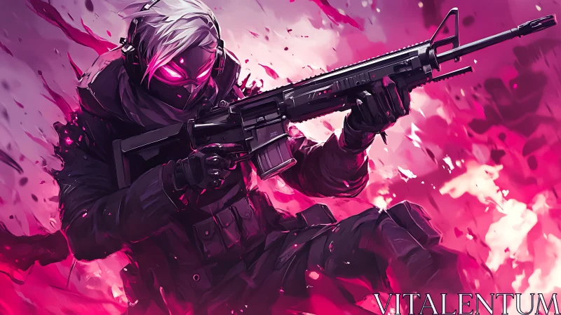 Cyber sniper dives through neon chaos in tactical armor.