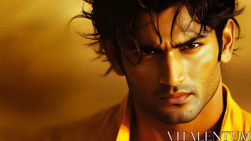 Photorealistic close-up portrait with golden tonal dominance.