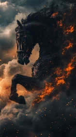 Inferno warhorse erupts through storm clouds and embers.