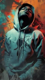 Hooded dreamer rises in neon smoke and burning urban dusk.