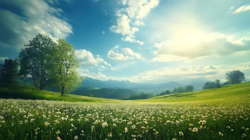 Sunlit meadow with wildflowers extends toward distant hills