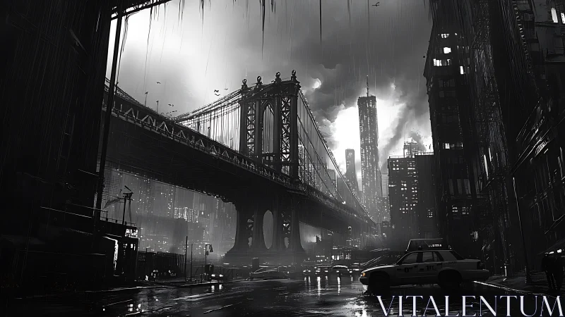 Noir rainstorm under steel suspension bridge in city core