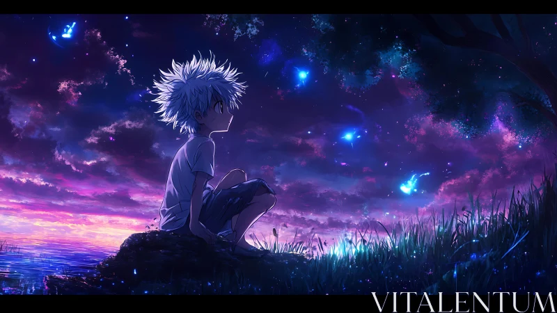 Boy watches glowing blue fireflies over neon sunset sky