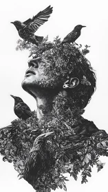 Human portrait merged with foliage and perched crows.
